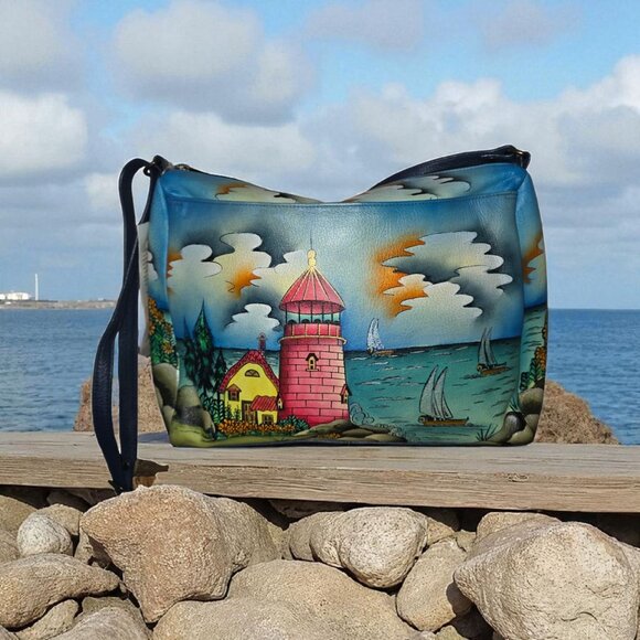 Anna By Anuschka Hand Painted Leather Crossbody Bag Lighthouse Sailboat NWT - Picture 1 of 16